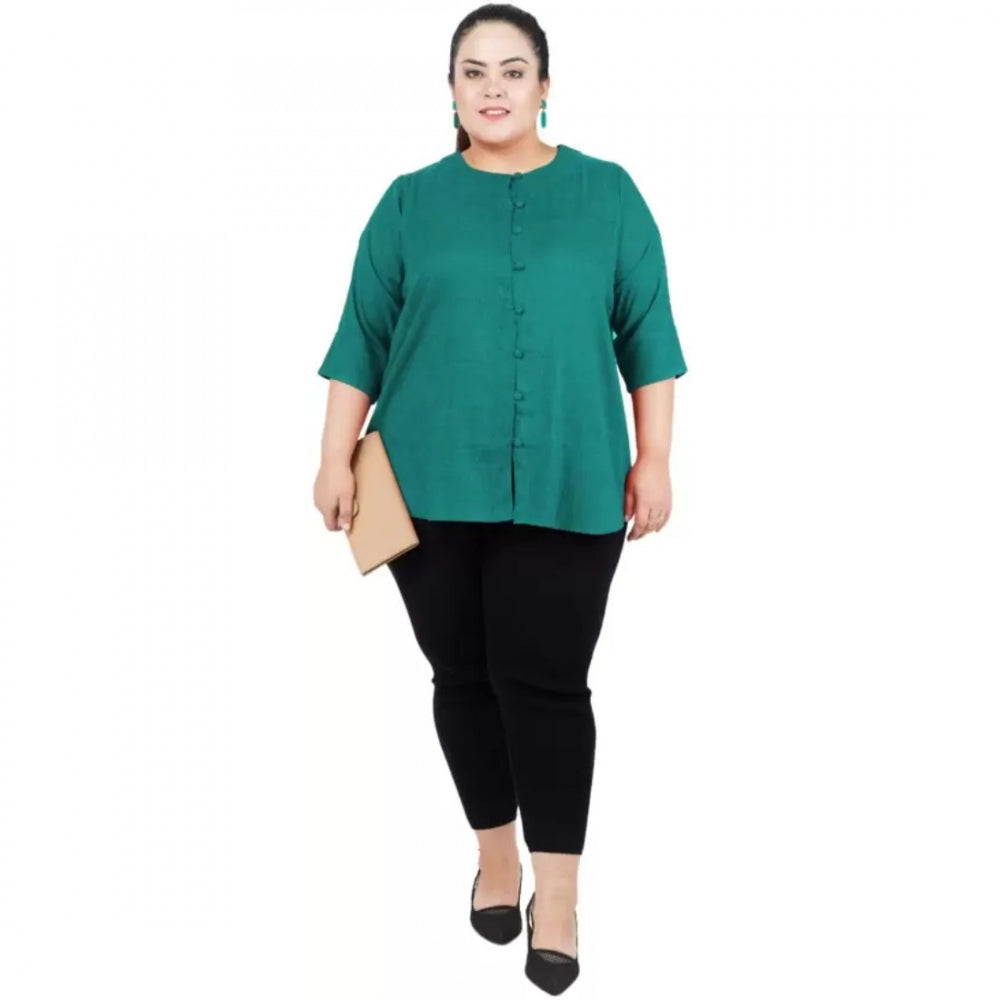 Women's Casual Solid Green Top (Color:Green, Material:Cotton Linen Blend)