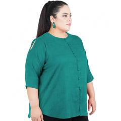 Women's Casual Solid Green Top (Color:Green, Material:Cotton Linen Blend)