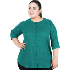 Women's Casual Solid Green Top (Color:Green, Material:Cotton Linen Blend)