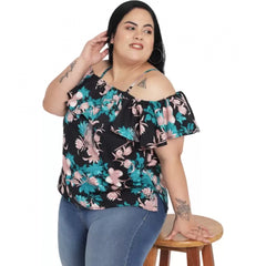 Women's Casual Floral Print Black Top (Color:Black, Material:Polyester)