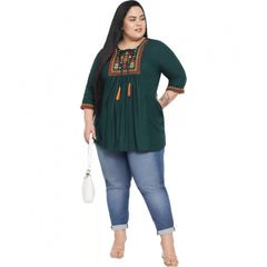 Women's Casual Embroidered Dark Green Top (Color:Dark Green, Material:Rayon)