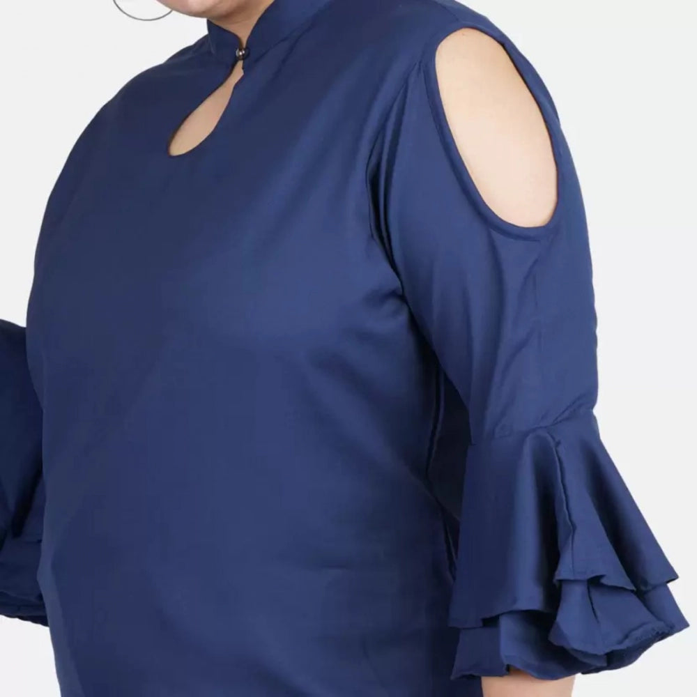 Women's Casual Bell Sleeve Solid Blue Top (Color:Blue, Material:Crepe)