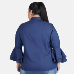 Women's Casual Bell Sleeve Solid Blue Top (Color:Blue, Material:Crepe)