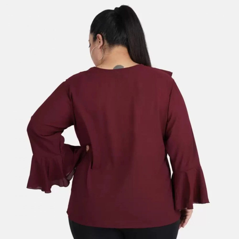 Women's Casual Bell Sleeve Solid Maroon Top (Color:Maroon, Material:Georgette)