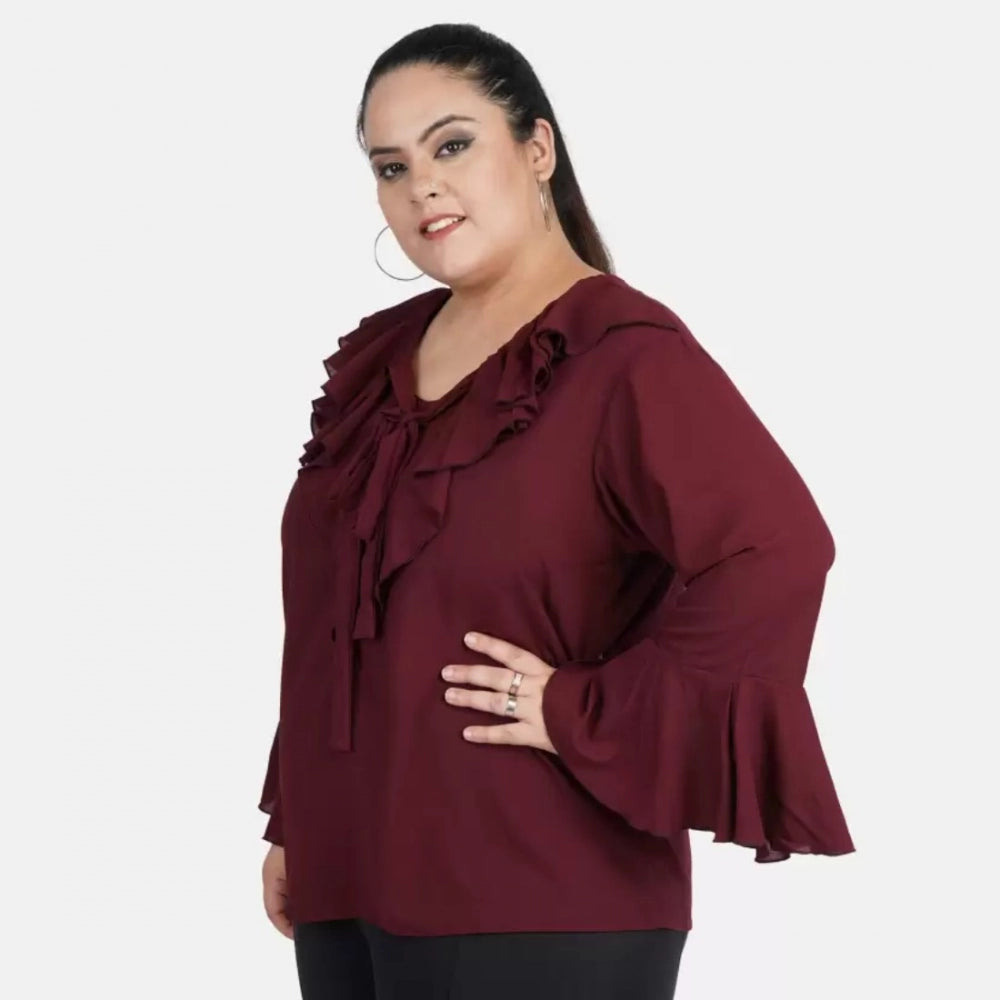 Women's Casual Bell Sleeve Solid Maroon Top (Color:Maroon, Material:Georgette)