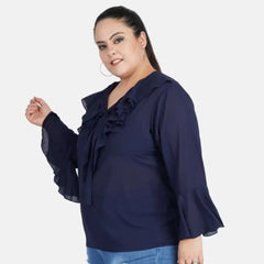 Women's Casual Bell Sleeve Solid Blue Top (Color:Blue, Material:Georgette)