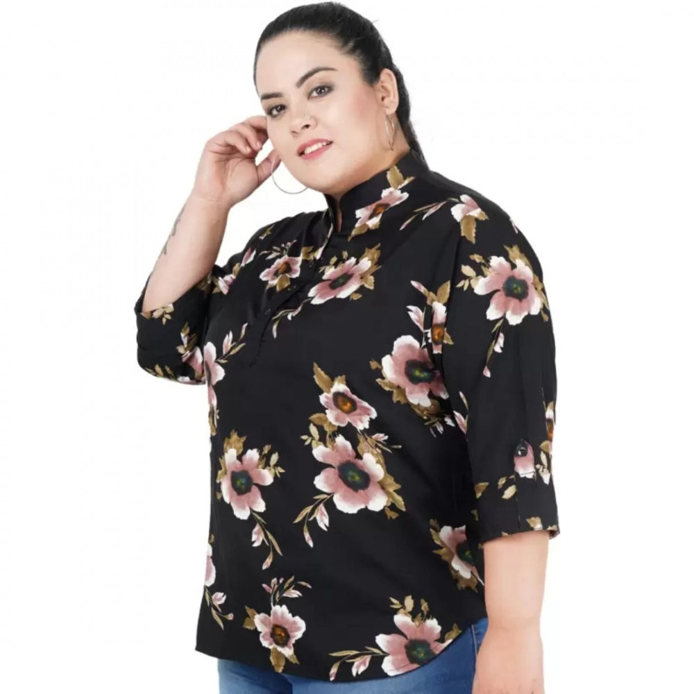 Women's Casual Three Fourth Sleeve Printed Black Top (Color:Black, Material:Poly Crepe)