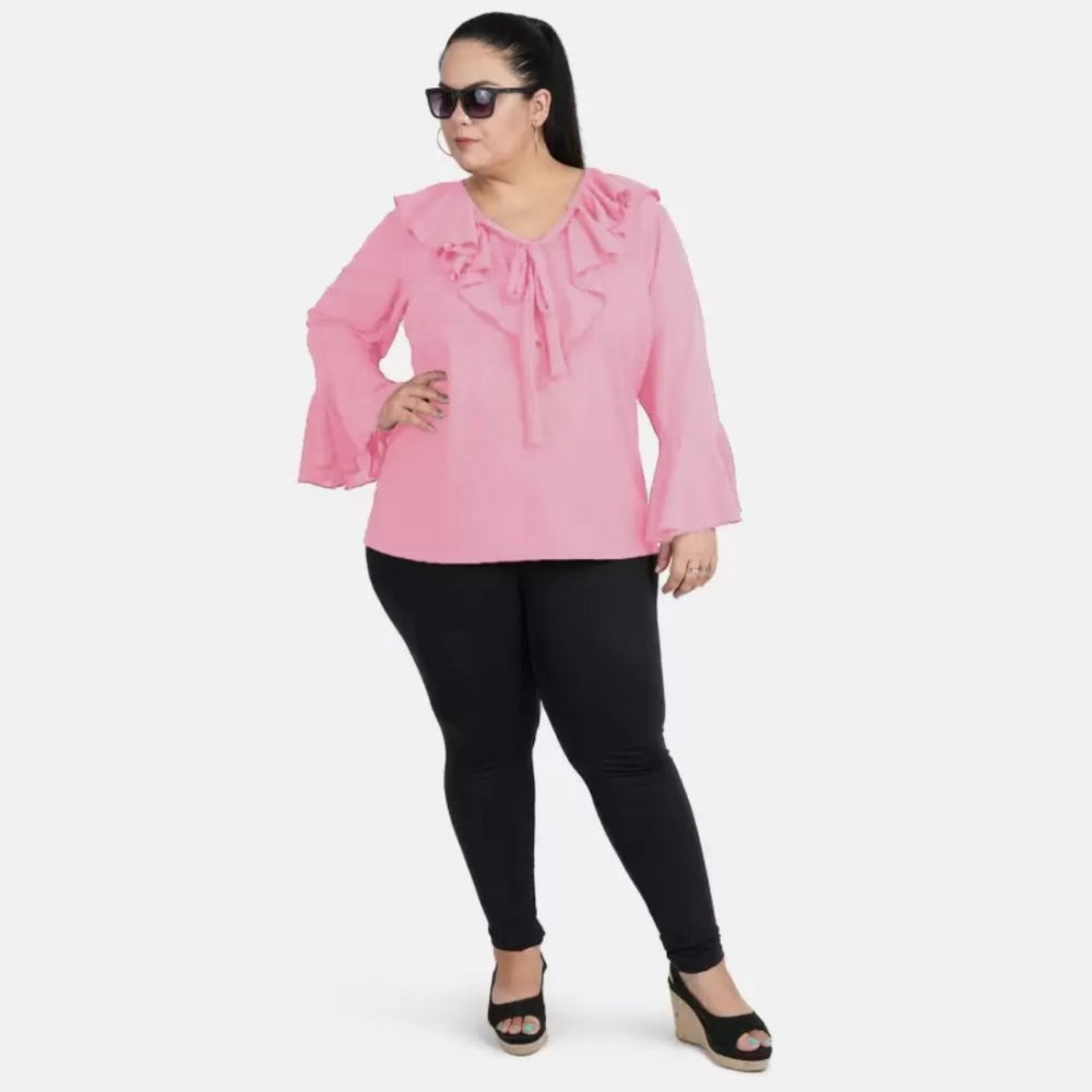 Women's Casual Bell Sleeve Solid Pink Top (Color:Pink, Material:Georgette)