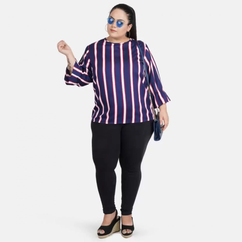 Women's Casual Bell Sleeve Striped Blue Top (Color:Blue, Material:Crepe)