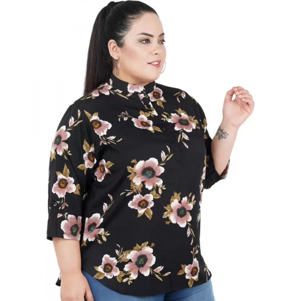 Women's Casual Three Fourth Sleeve Printed Black Top (Color:Black, Material:Poly Crepe)