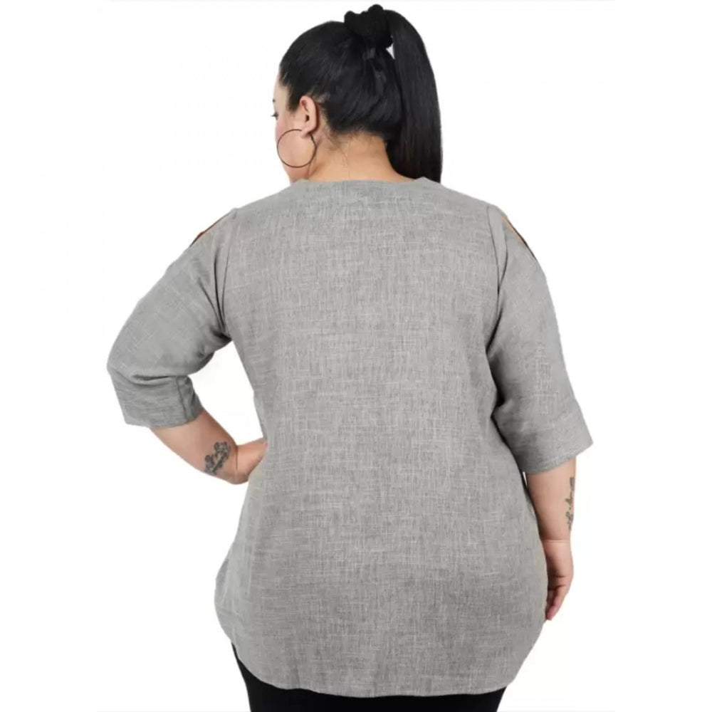 Women's Casual Solid Grey Top (Color:Grey, Material:Cotton Linen Blend)