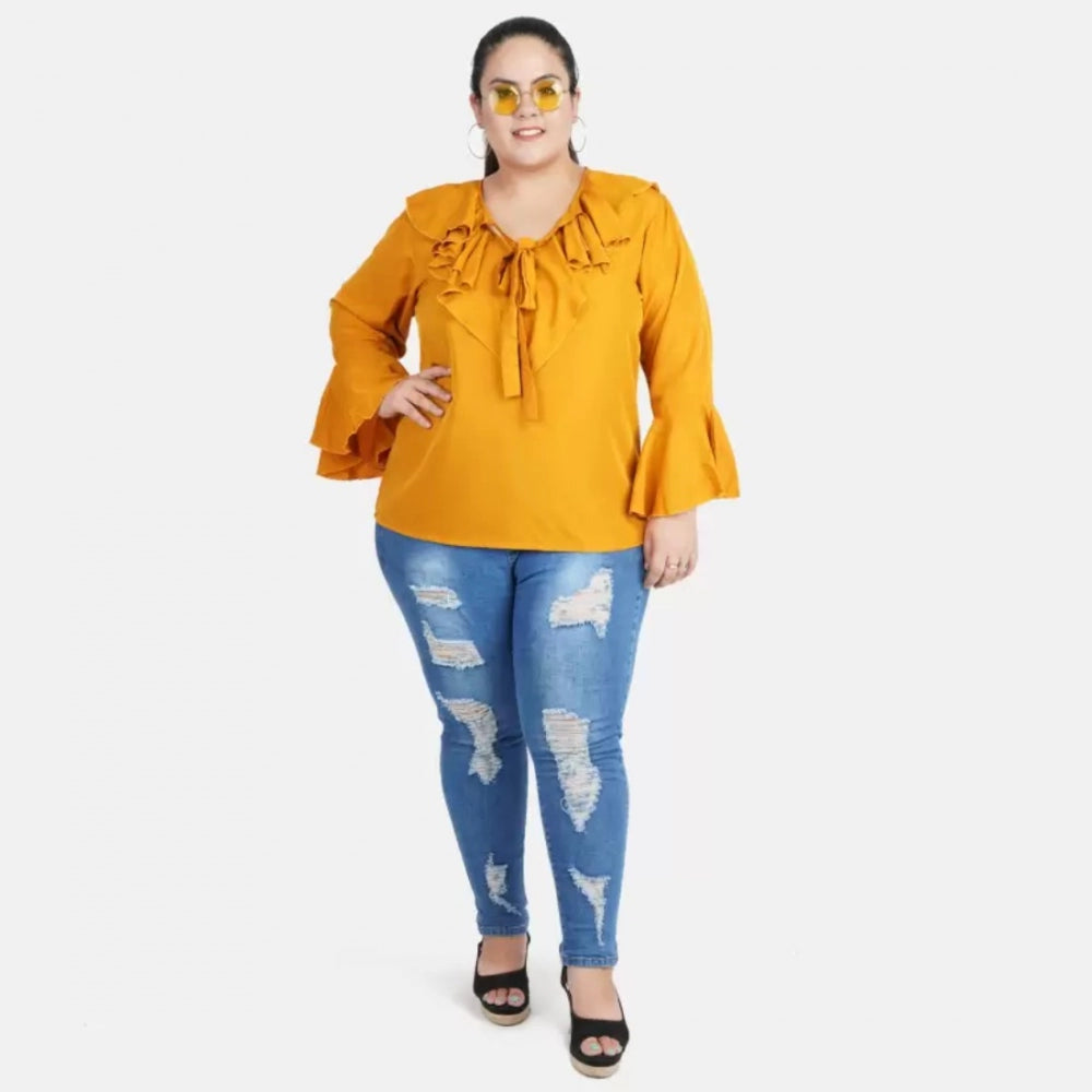 Women's Casual Bell Sleeve Solid Yellow Top (Color:Yellow, Material:Georgette)