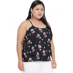 Women's Casual Floral Print Black Top (Color:Black, Material:Polyester)