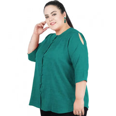 Women's Casual Solid Green Top (Color:Green, Material:Cotton Linen Blend)