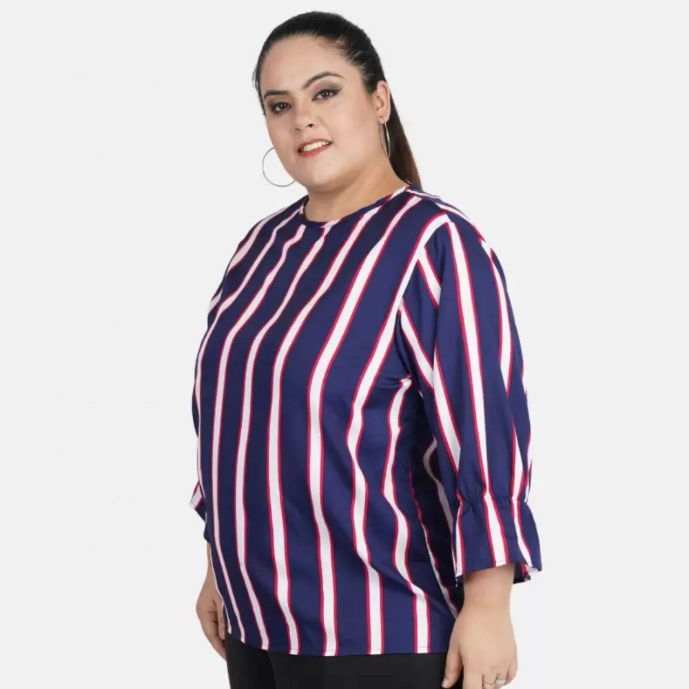 Women's Casual Bell Sleeve Striped Blue Top (Color:Blue, Material:Crepe)