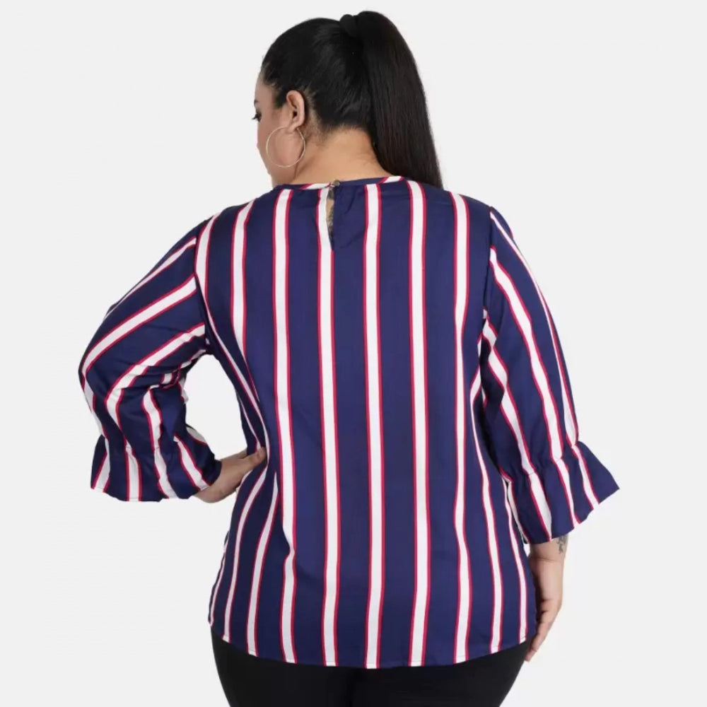 Women's Casual Bell Sleeve Striped Blue Top (Color:Blue, Material:Crepe)