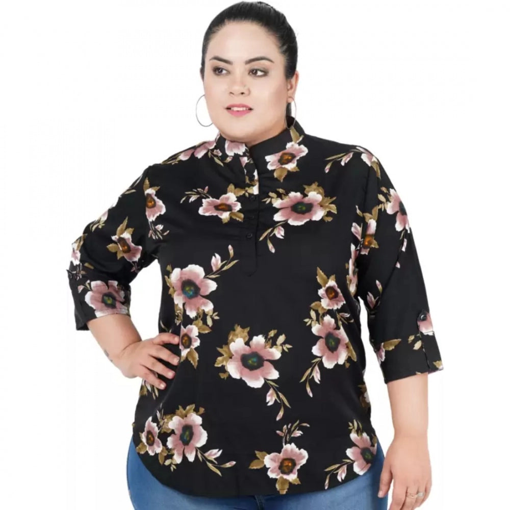 Women's Casual Three Fourth Sleeve Printed Black Top (Color:Black, Material:Poly Crepe)