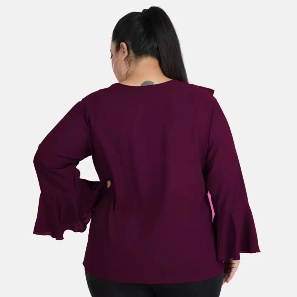 Women's Casual Bell Sleeve Solid Purple Top (Color:Purple, Material:Georgette)