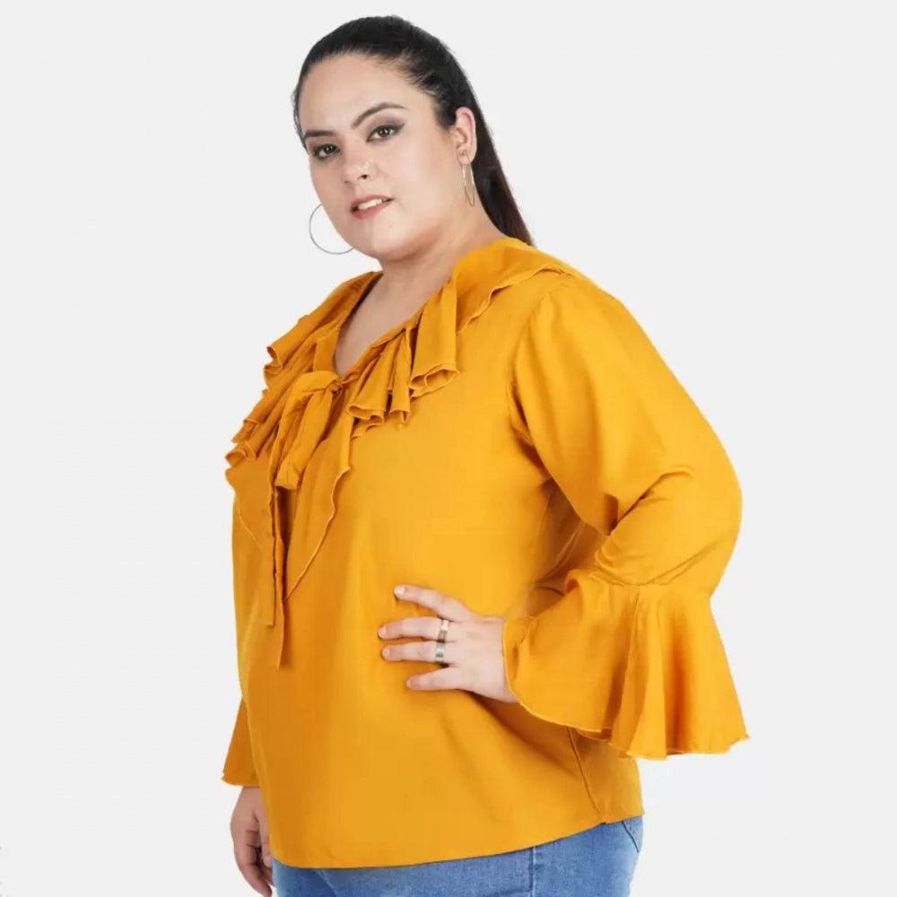 Women's Casual Bell Sleeve Solid Yellow Top (Color:Yellow, Material:Georgette)