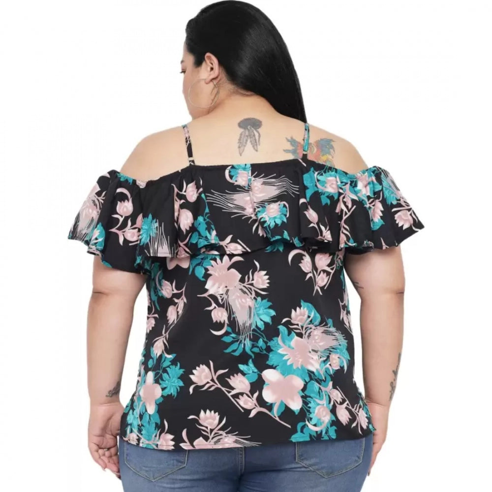 Women's Casual Floral Print Black Top (Color:Black, Material:Polyester)