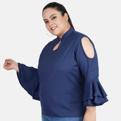 Women's Casual Bell Sleeve Solid Blue Top (Color:Blue, Material:Crepe)