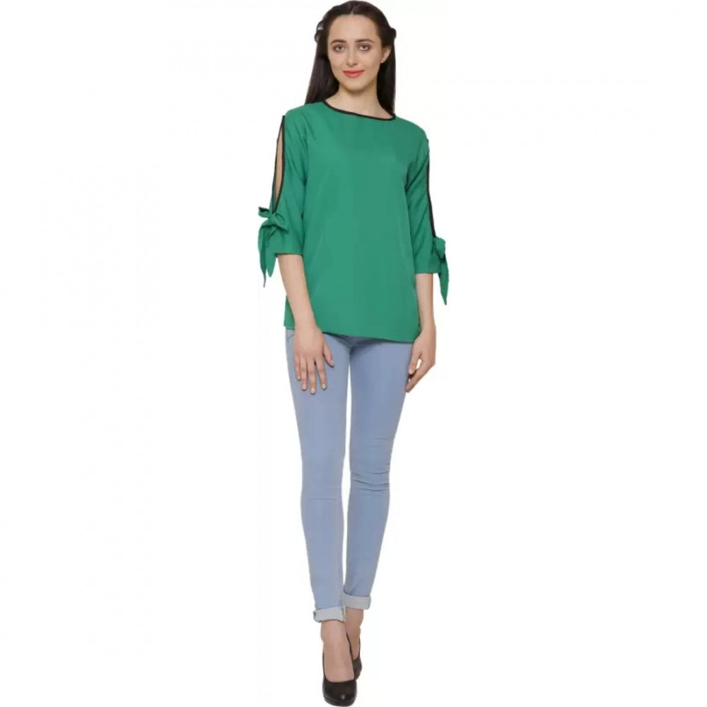 Women's Casual Slit Sleeve Solid Green Top (Color:Green, Material:Poly Crepe)