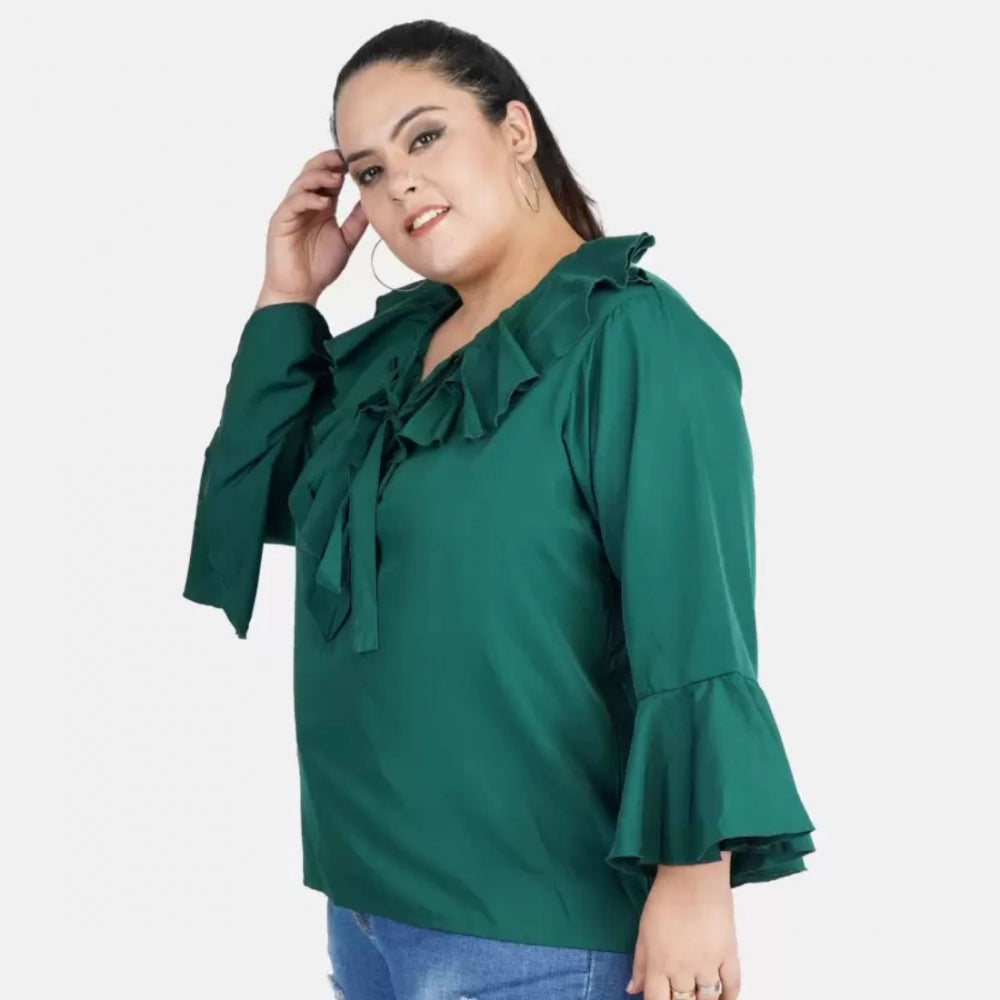 Women's Casual Bell Sleeve Solid Green Top (Color:Green, Material:Georgette)