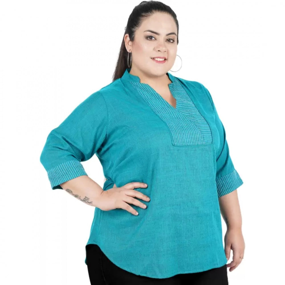 Women's Casual Three Fourth Sleeve Embroidered Light Green Top (Color:Light Blue, Material:Cotton Linen Blend)