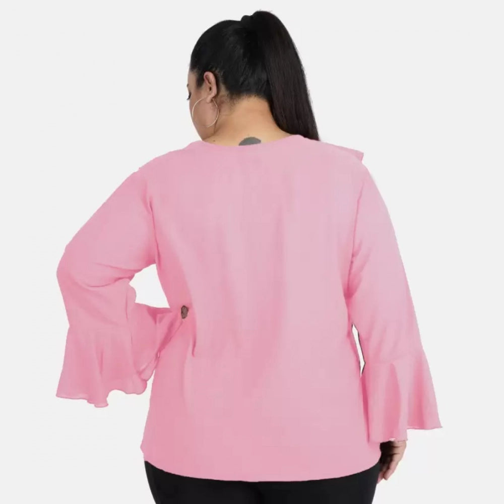 Women's Casual Bell Sleeve Solid Pink Top (Color:Pink, Material:Georgette)