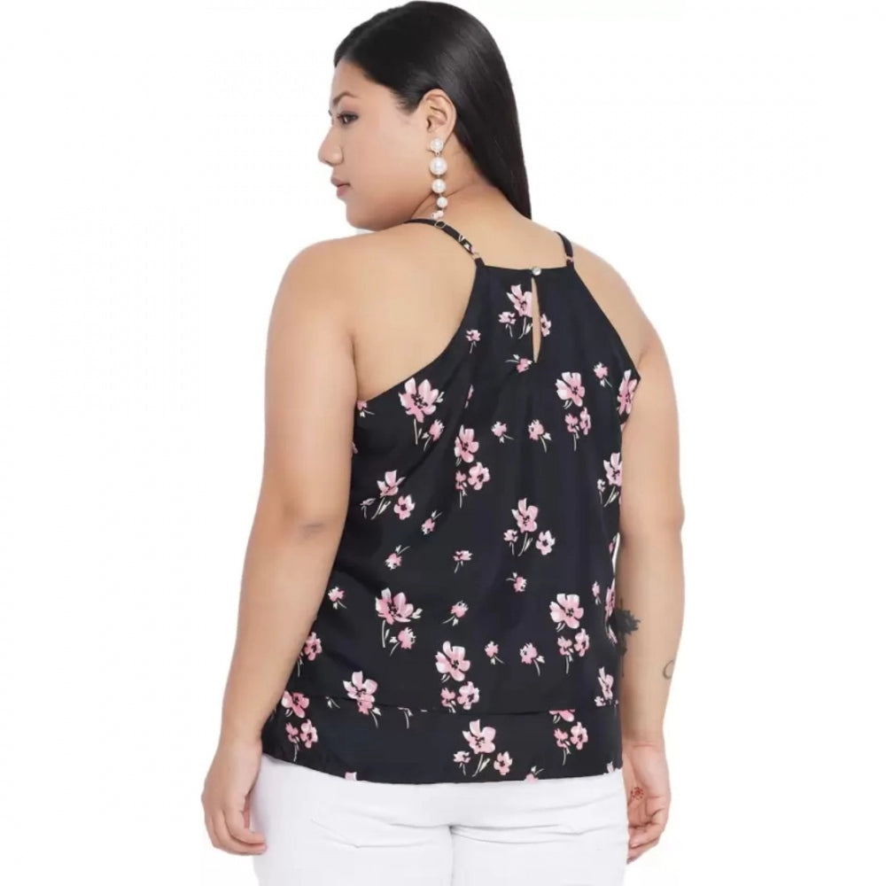 Women's Casual Floral Print Black Top (Color:Black, Material:Polyester)