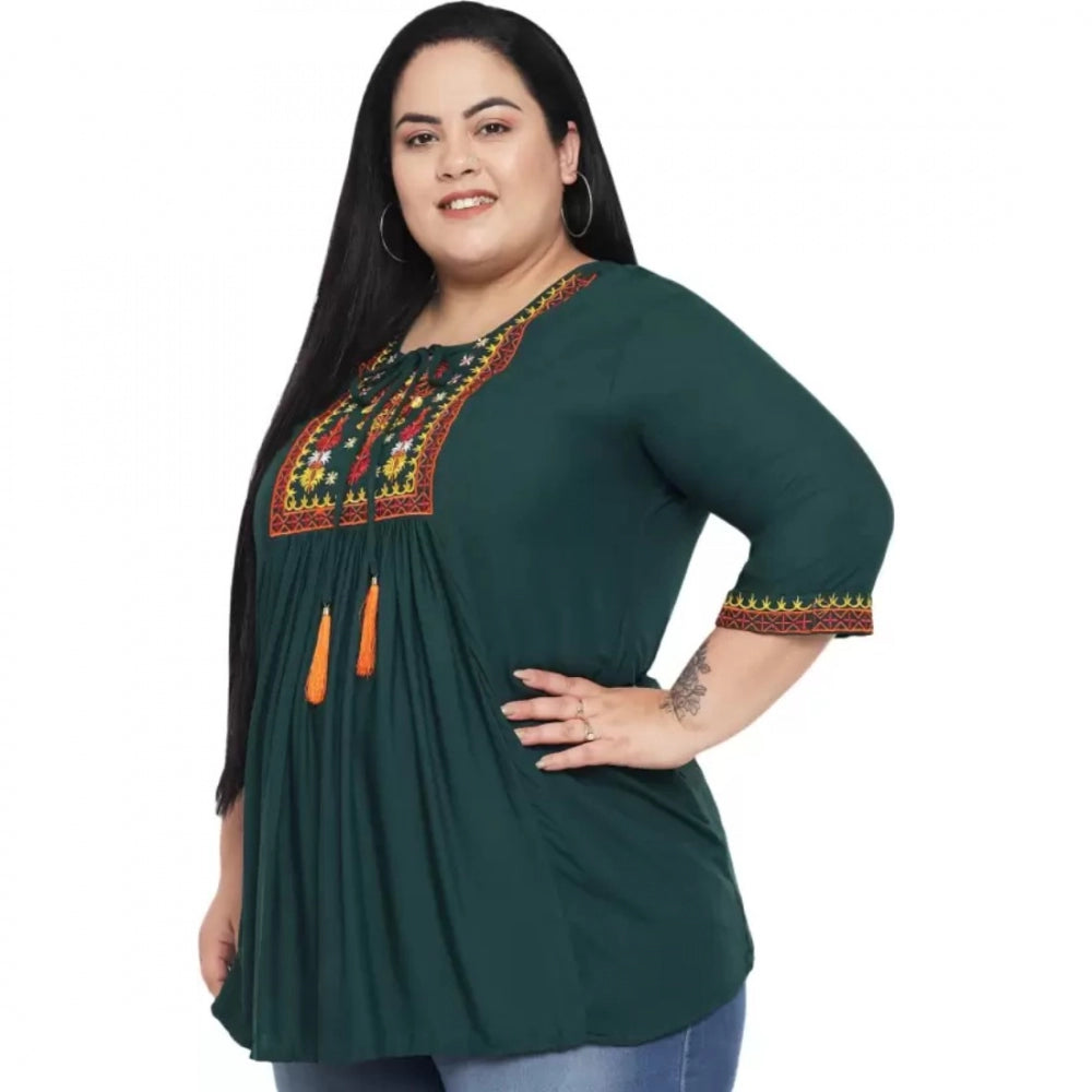 Women's Casual Embroidered Dark Green Top (Color:Dark Green, Material:Rayon)