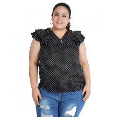 Women's Casual Flutter Sleeve Polka Print Black Top (Color:Black, Material:Crepe)