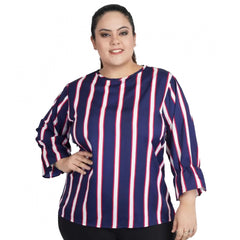 Women's Casual Bell Sleeve Striped Blue Top (Color:Blue, Material:Crepe)