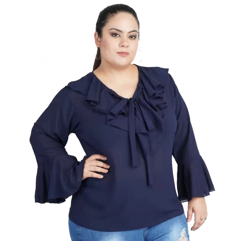 Women's Casual Bell Sleeve Solid Blue Top (Color:Blue, Material:Georgette)