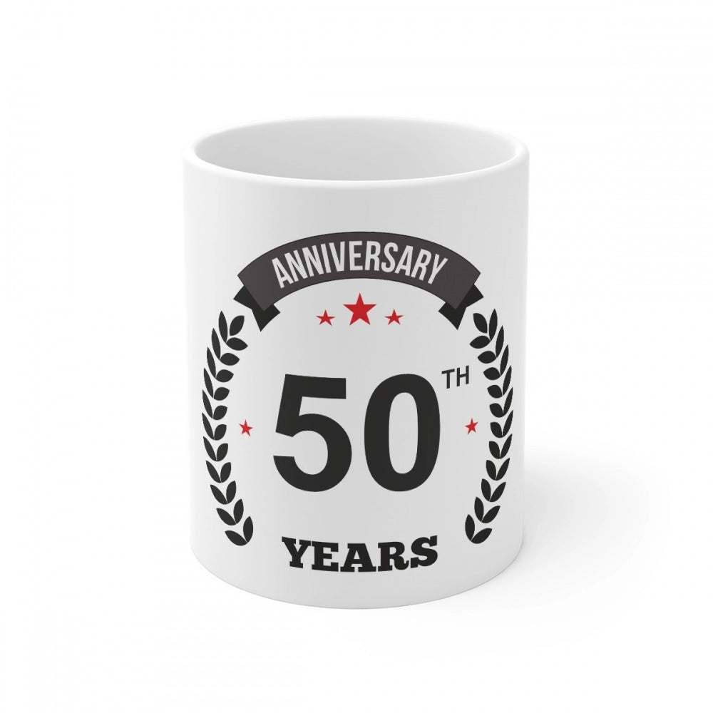 Ceramic 50th Anniversary Printed Coffee Mug (Color: White, Capacity:330ml)