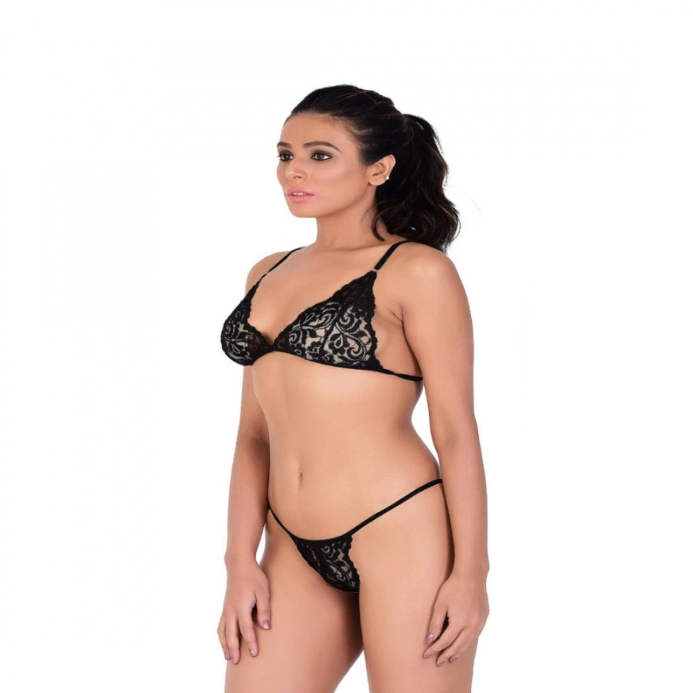 Women's Lace Special Moment Black Tanga Lingerie Bra Panty Set (Black)