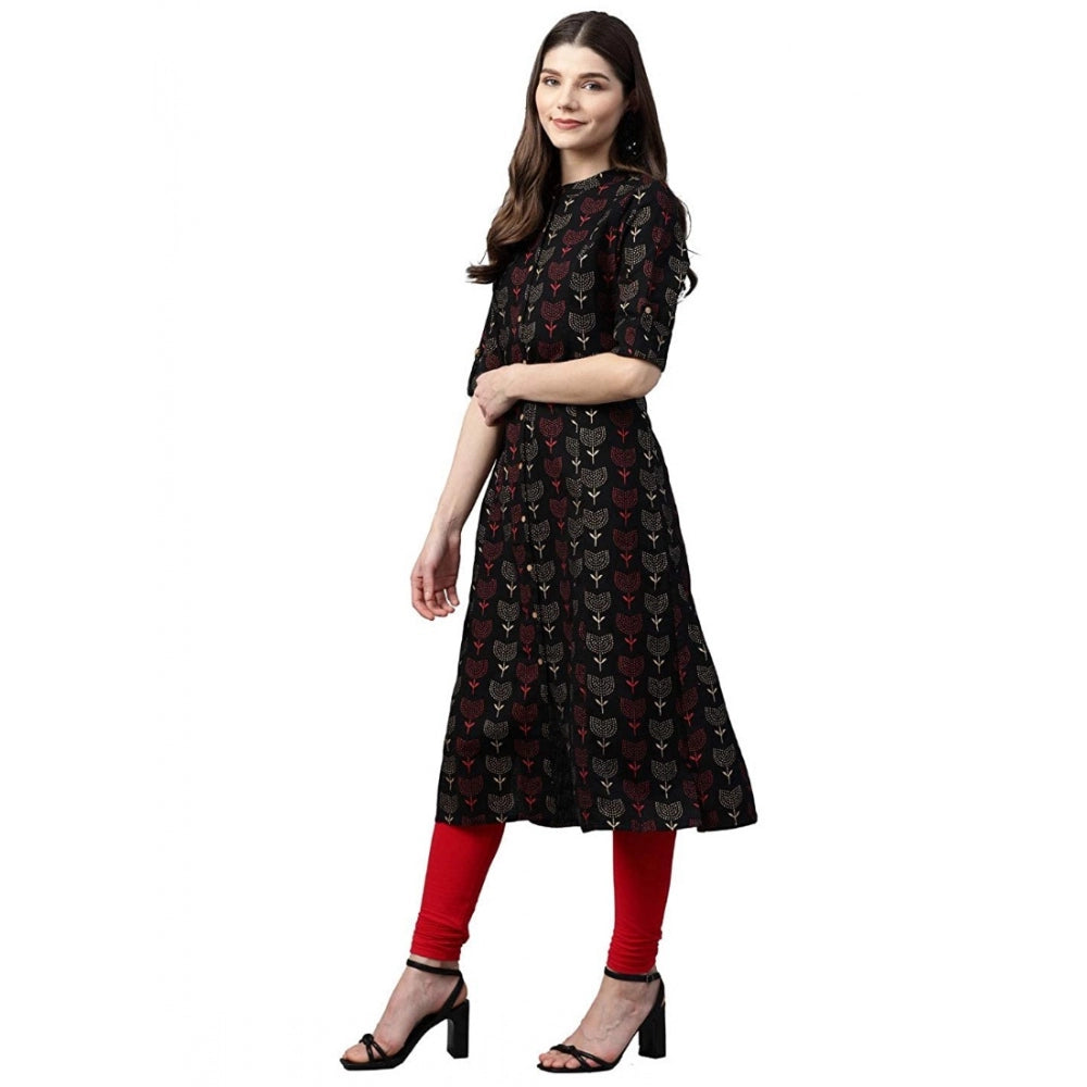 Women's Cotton Printed A Line Kurti (Black, Cotton)