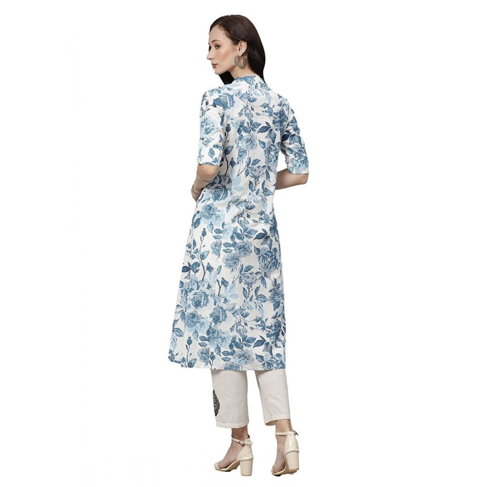 Women's Cotton Printed Floral Print Kurti (White, Blue, Cotton)