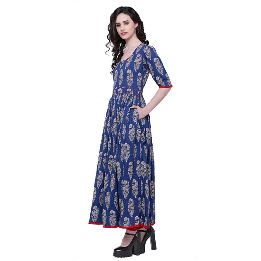 Women's Cotton Printed Anarkali Kurti (Blue, Cotton)