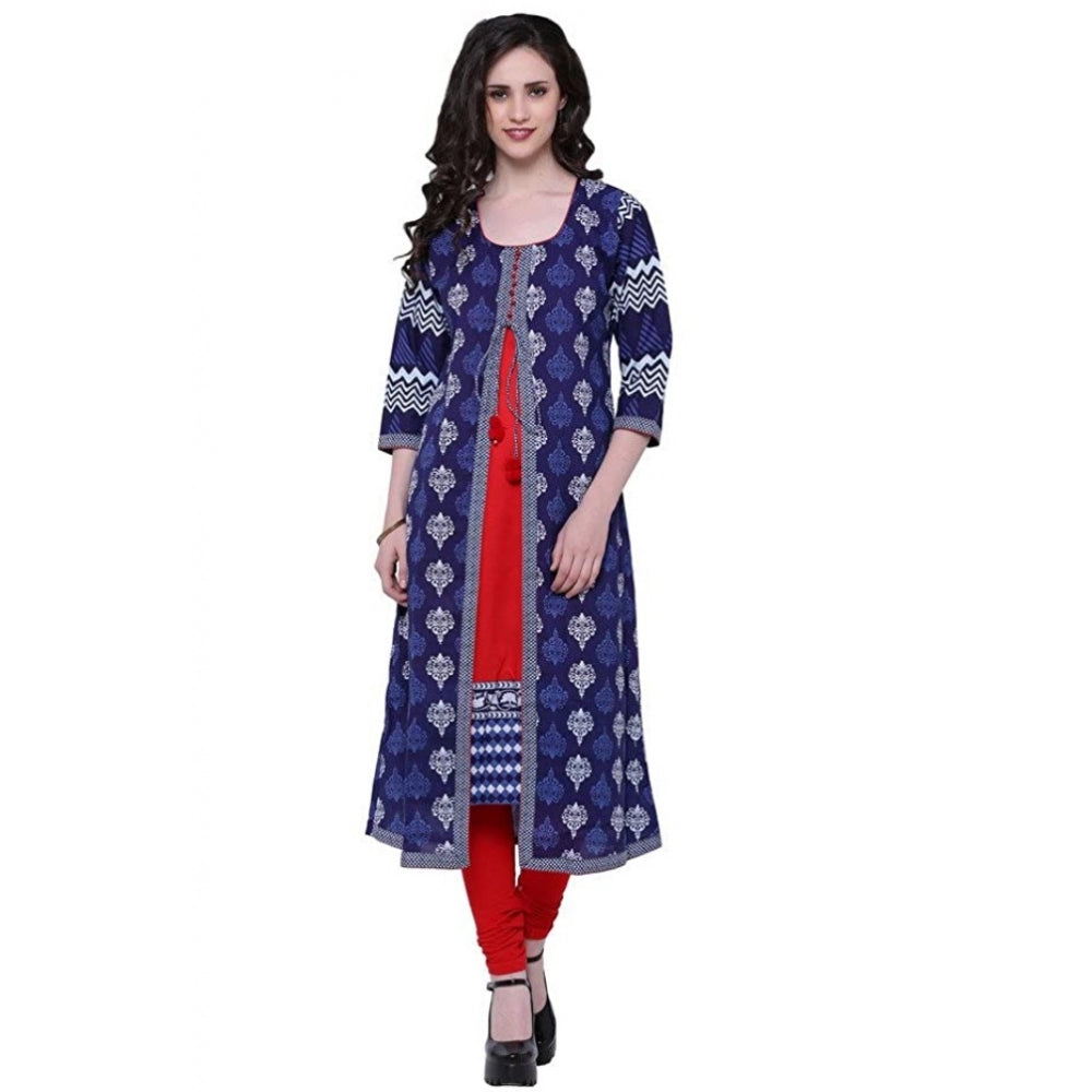 Women's Cotton Printed Long Kurti (Blue, Red, Cotton)