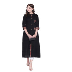 Women's Khadi Printed A Line Kurti  (Black, Khadi)