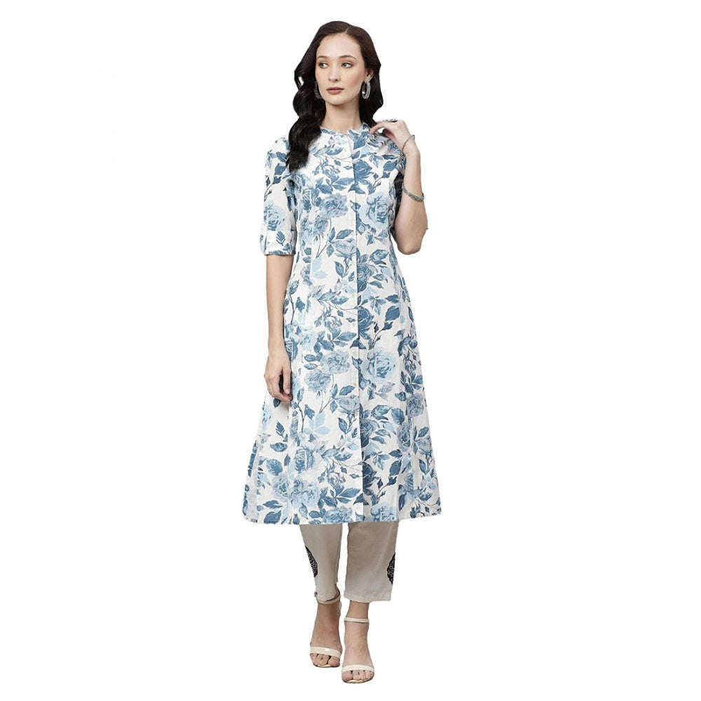 Women's Cotton Printed Floral Print Kurti (White, Blue, Cotton)