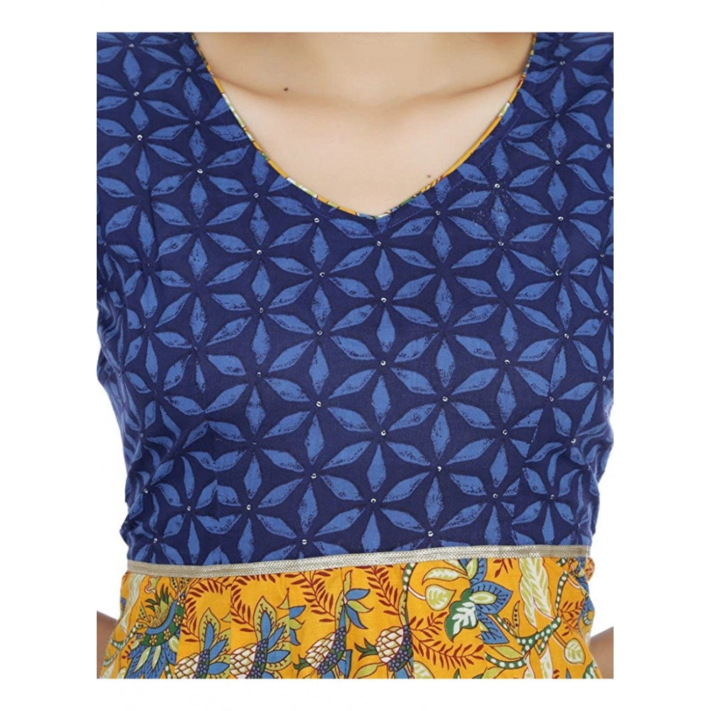 Women's Cotton Printed Long Kurti (Mustard, Blue, Cotton)