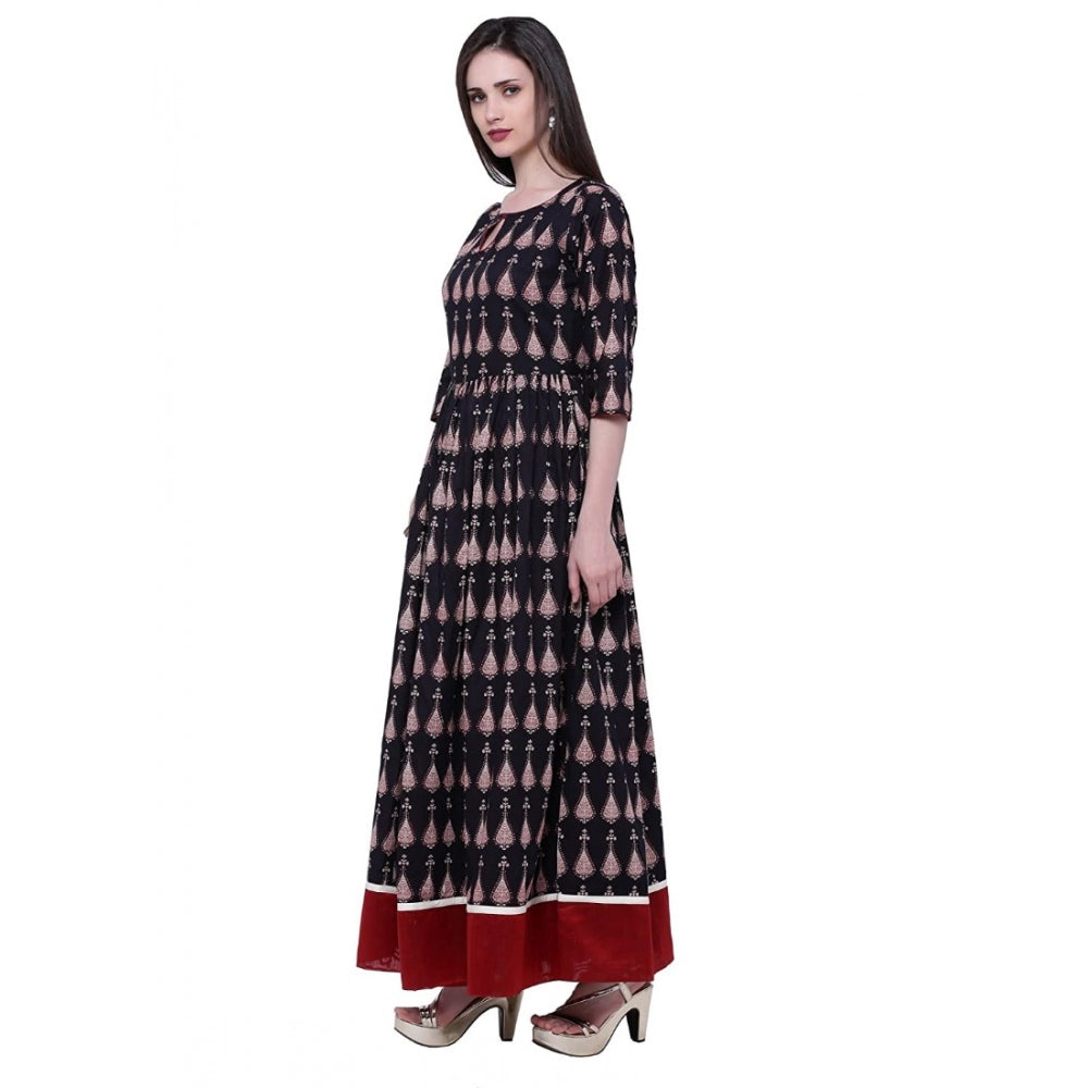 Women's Cotton Printed Anarkali Kurti (Black, Cotton)