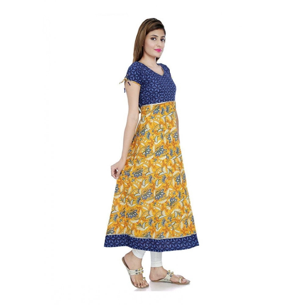 Women's Cotton Printed Long Kurti (Mustard, Blue, Cotton)