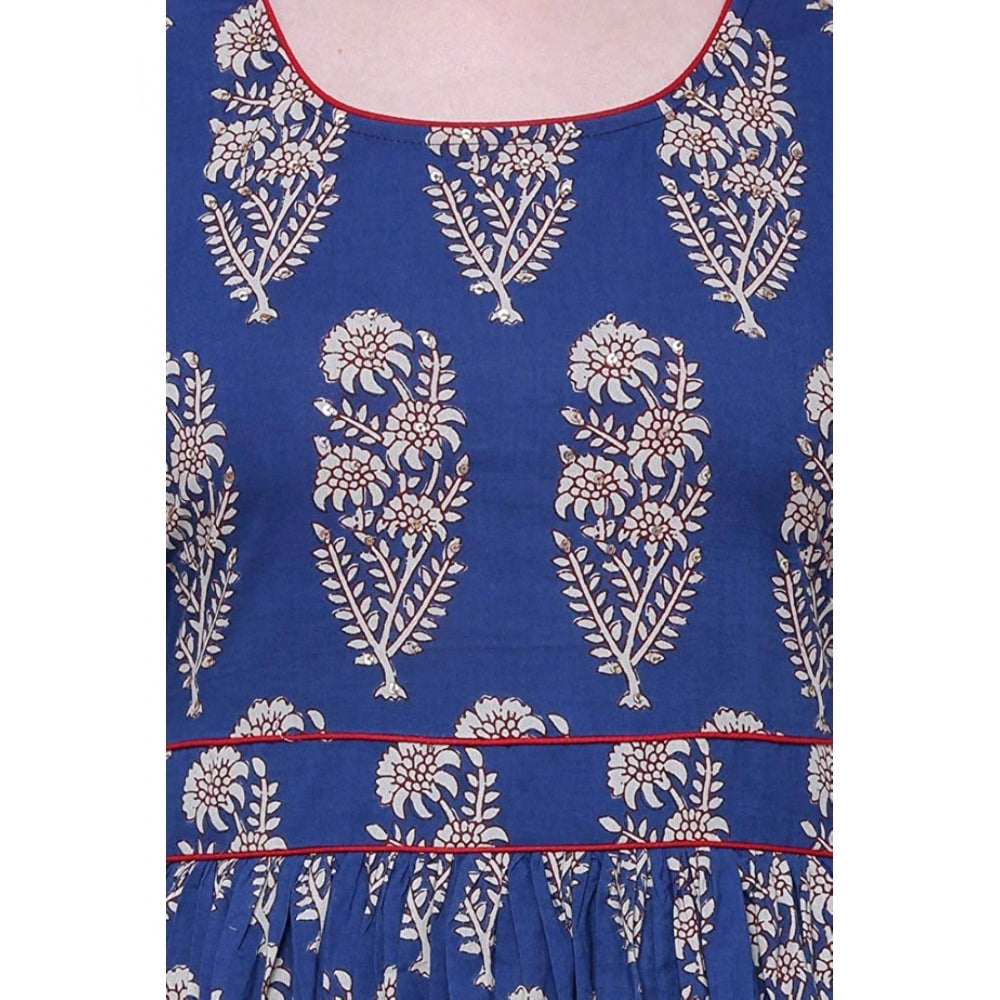 Women's Cotton Printed Anarkali Kurti (Blue, Cotton)