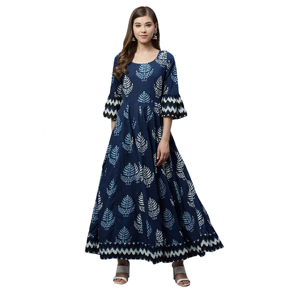 Women's Cotton  Printed Regular Kurti (Blue, Cotton )