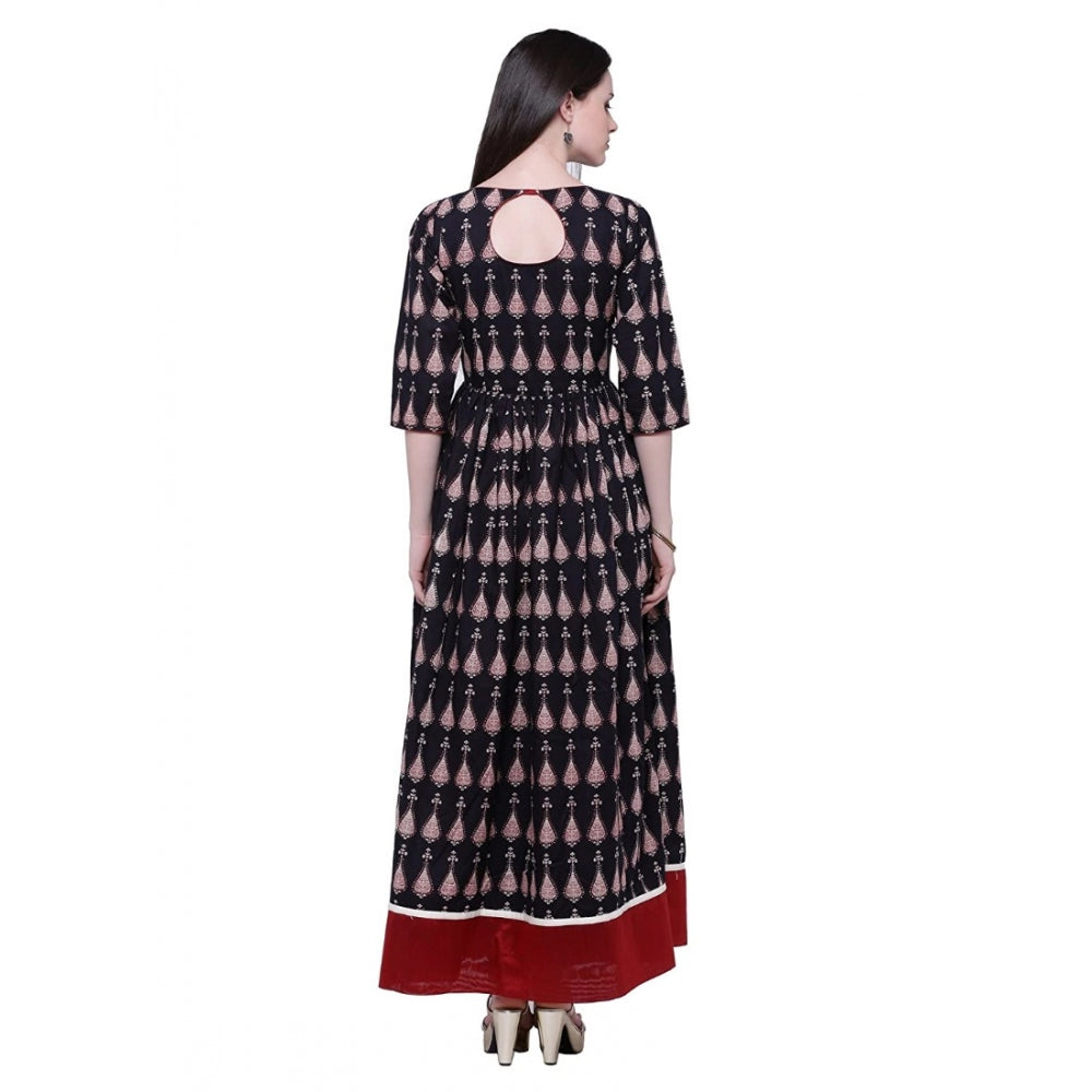 Women's Cotton Printed Anarkali Kurti (Black, Cotton)