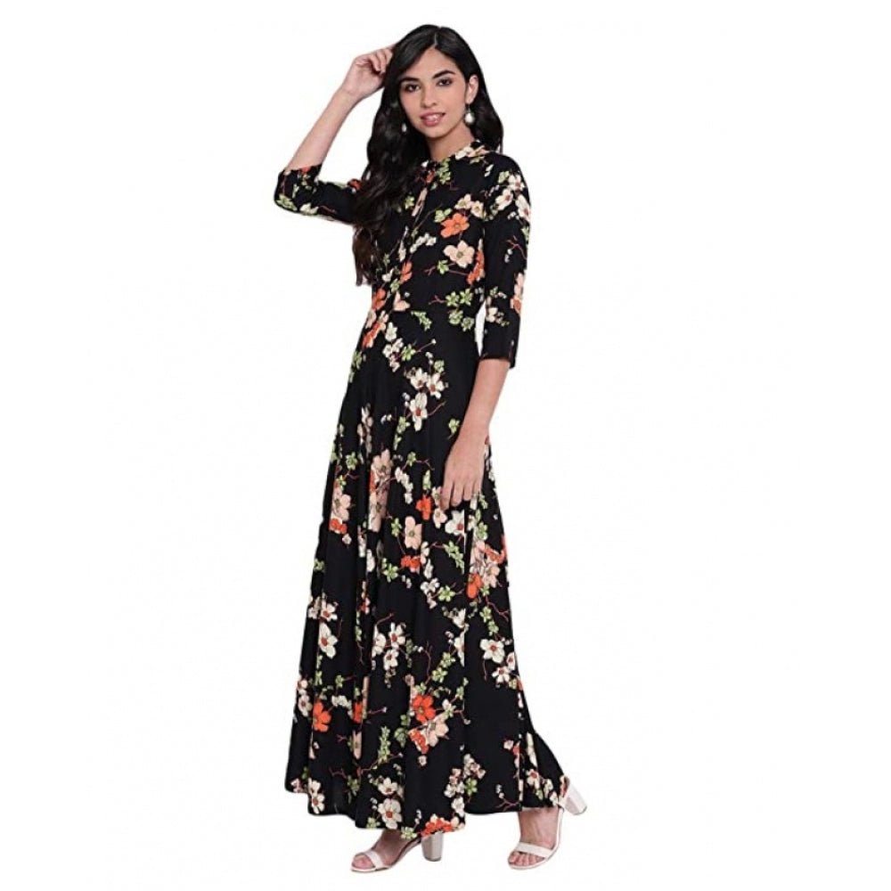 Women's Rayon Printed Maxi Dress (Black, Rayon)