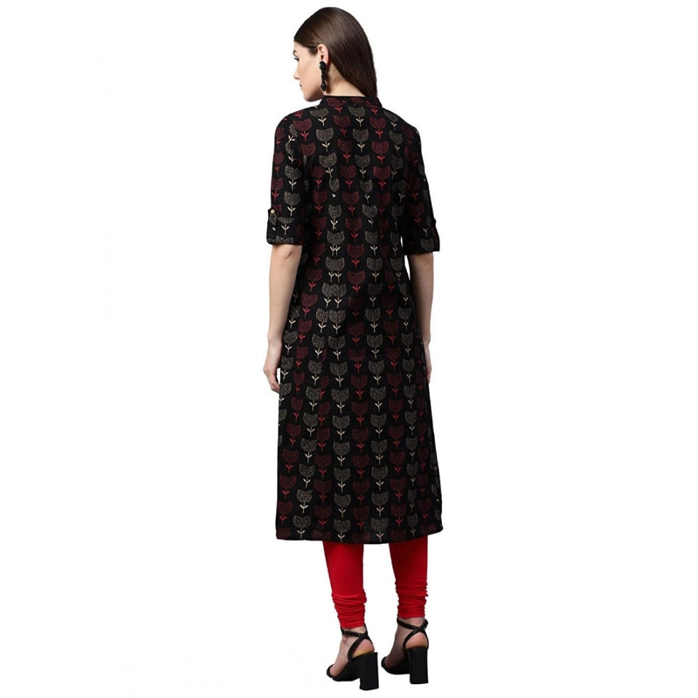 Women's Cotton Printed A Line Kurti (Black, Cotton)